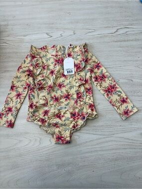 Luli & Me Girls Long Sleeve Floral One-Piece Swimsuit - Yellow/Pink